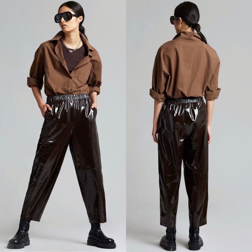 Samsoe Samsoe Women XL Paloma Trousers Chocolate Plum Brown Patent Leather NEW
